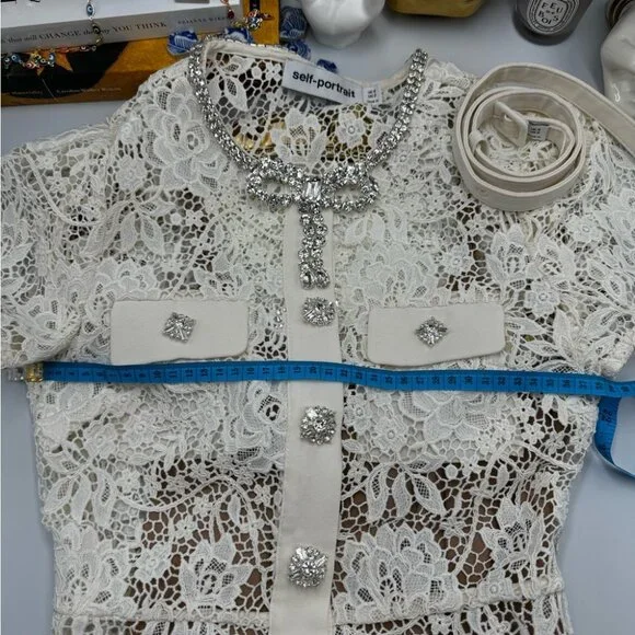 🆕 SELF-PORTRAIT 🧿 BNWOT Cream Lace Diamante Bow Midi Dress, Sz US 2 / UK 6 - Picture 15 of 16